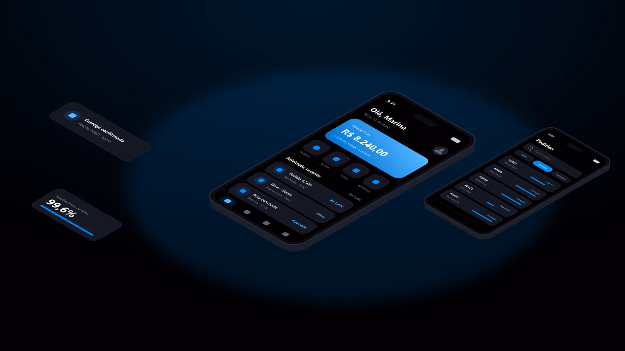 Aplicativo mobile em vista isométrica, com tela de vendas do dia e lista de pedidos