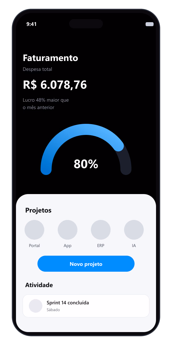 Mockup de aplicativo mobile desenvolvido pela Vetor Studio exibindo painel de indicadores